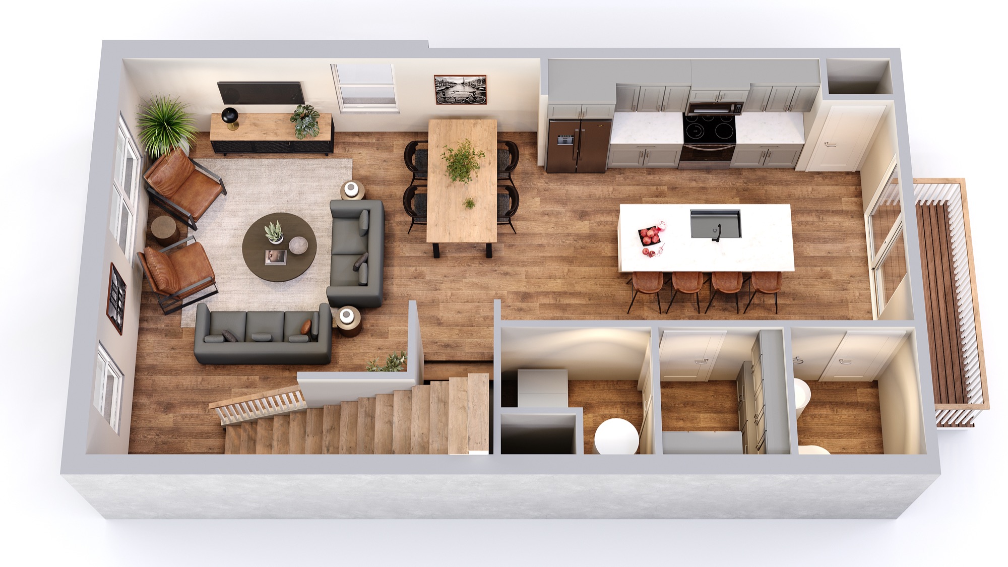 Fletcher second-floor plan with open living and dining areas, kitchen island, half bath, and balcony