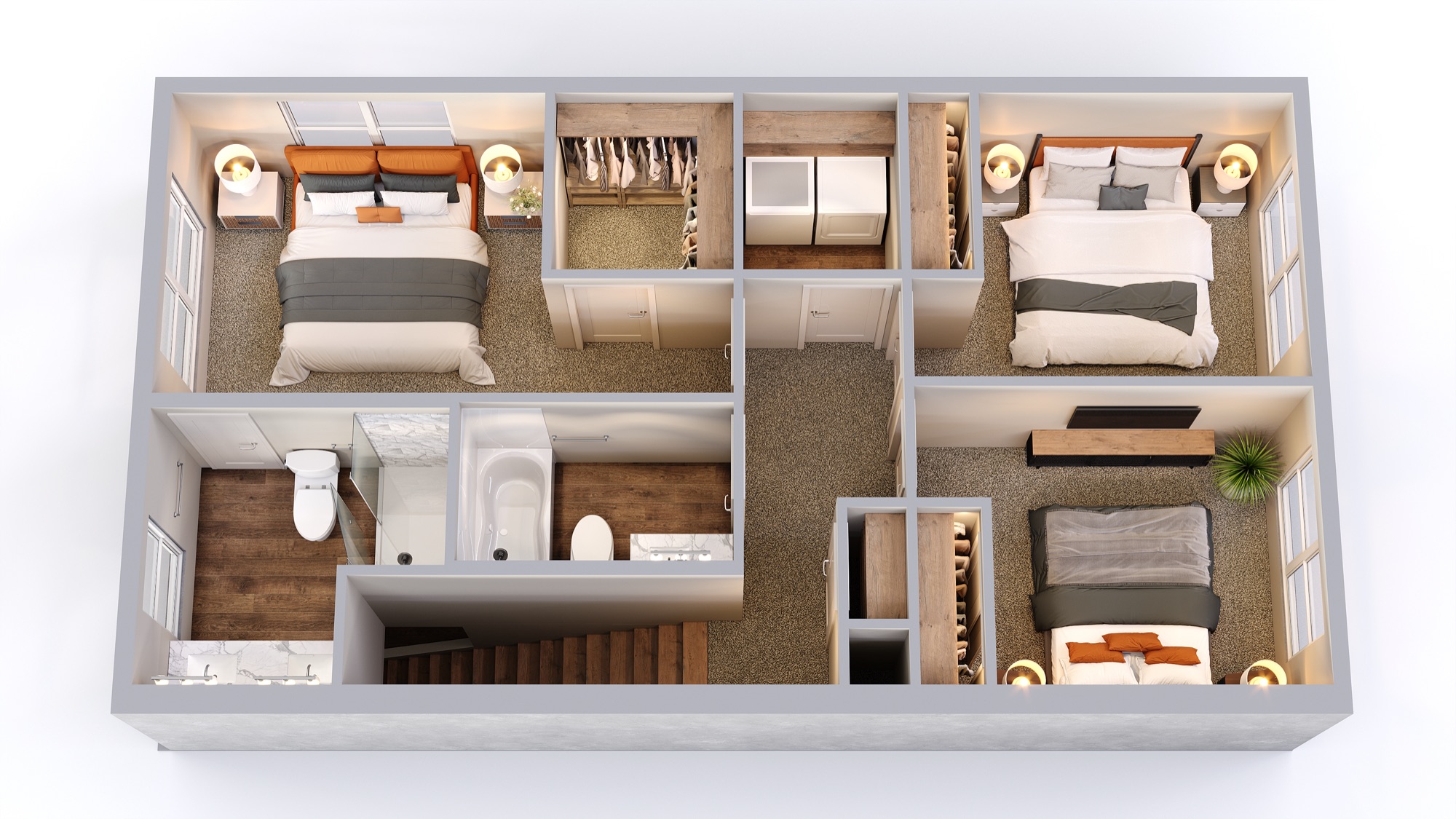Fletcher third-floor plan with two bedrooms, two bathrooms, and in-home laundry