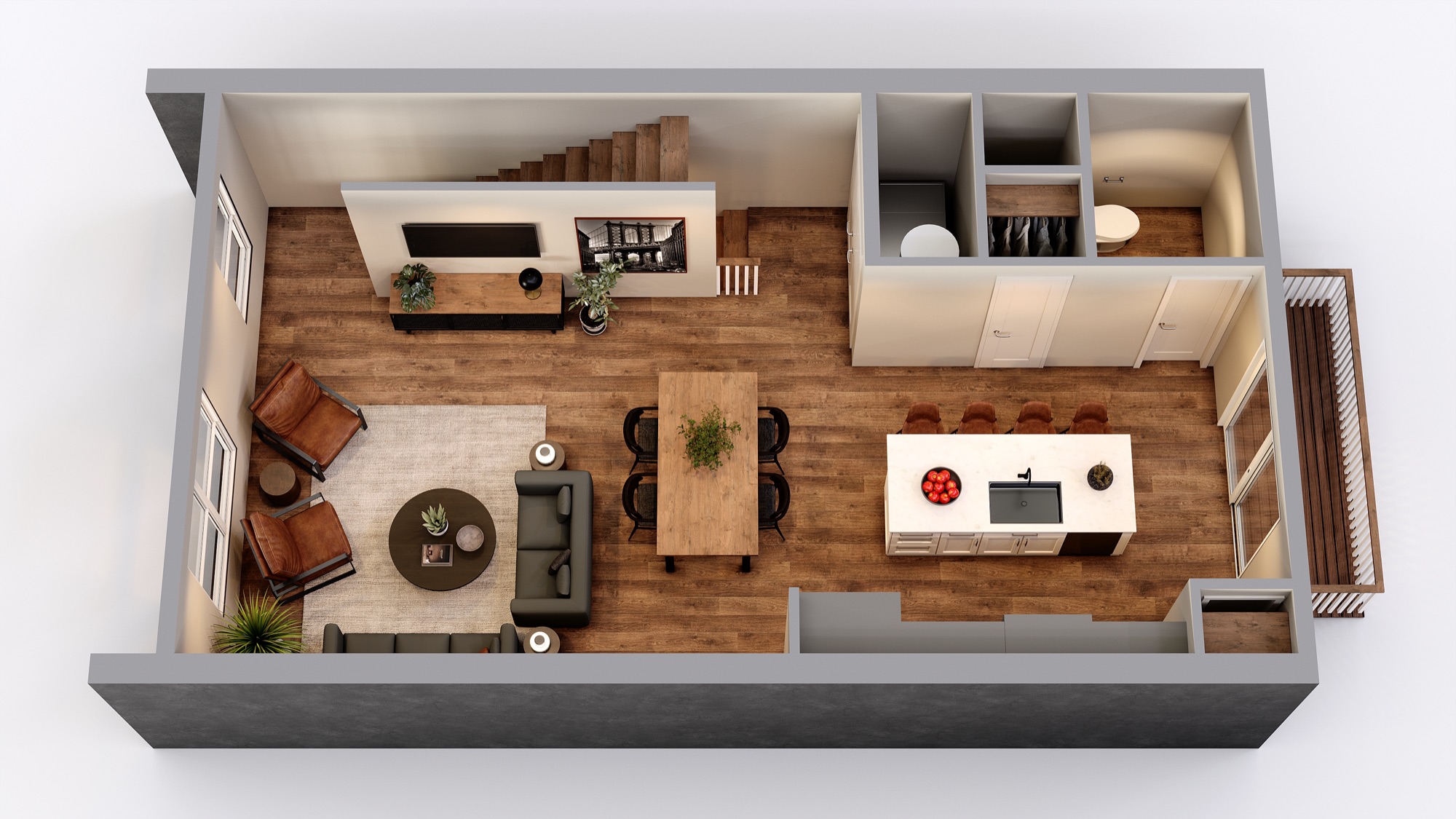 Soho second-floor plan with open living and dining areas, kitchen island, half bath, and balcony